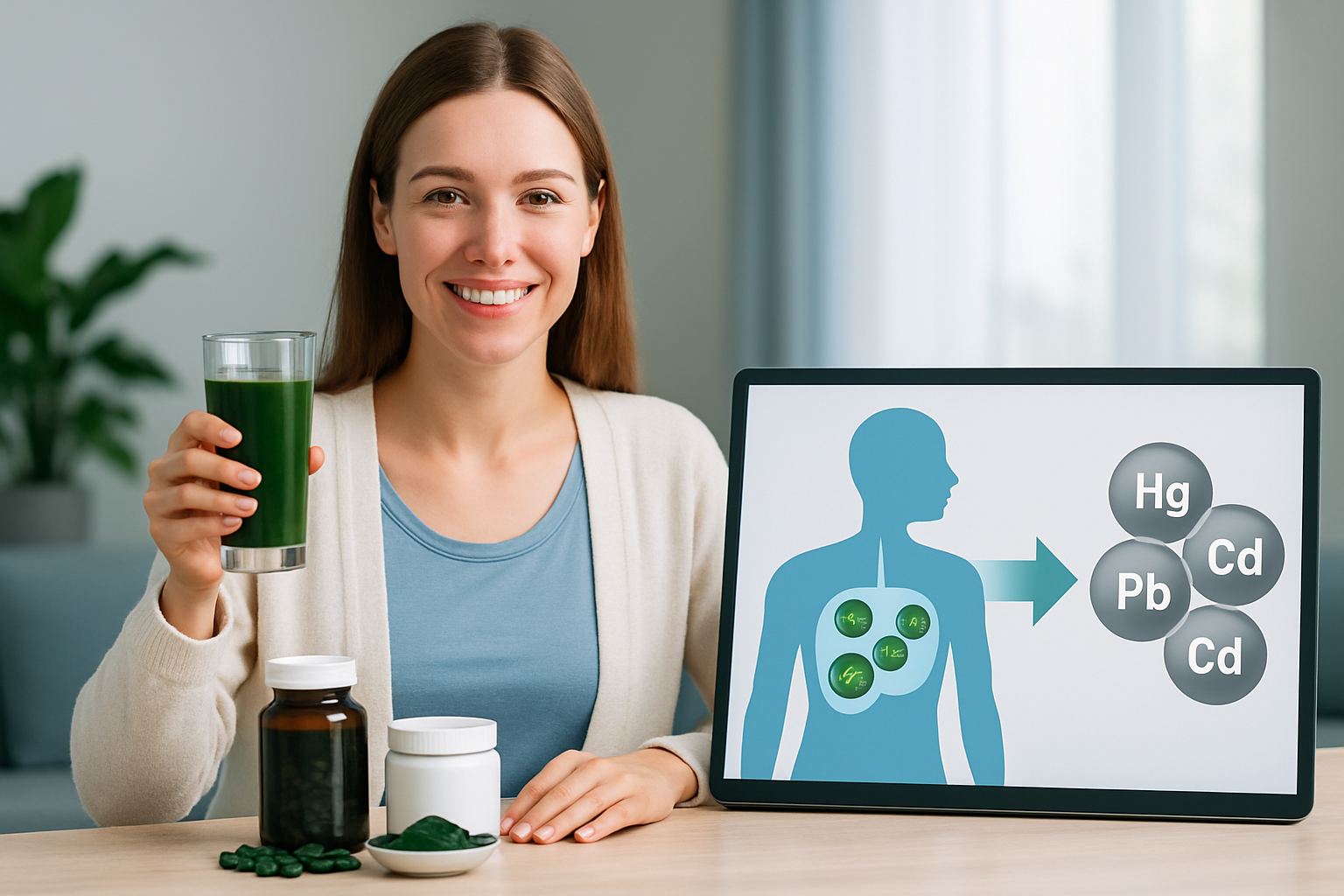 Chlorella und Spirulina Pulver in Schalen mit frischen Mikroalgen und Entgiftungs-Smoothie