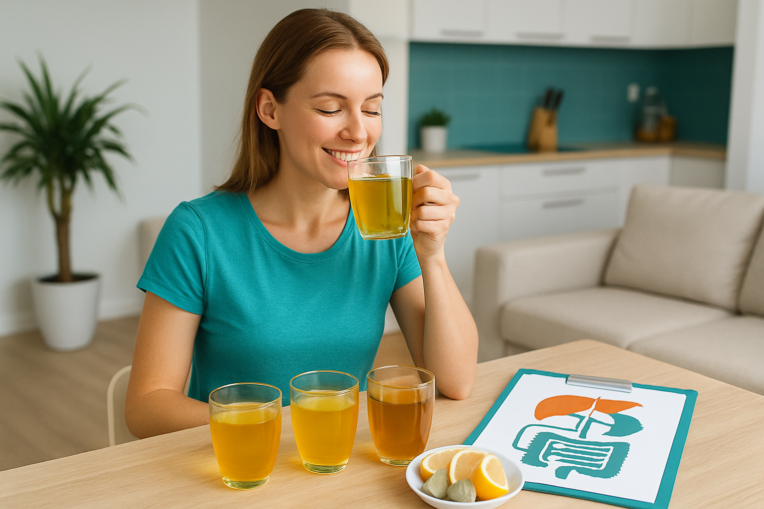 Verschiedene Detox-Tees in Glaskannen mit frischen Kräutern, Ingwer und Zitrone auf einem Holztisch