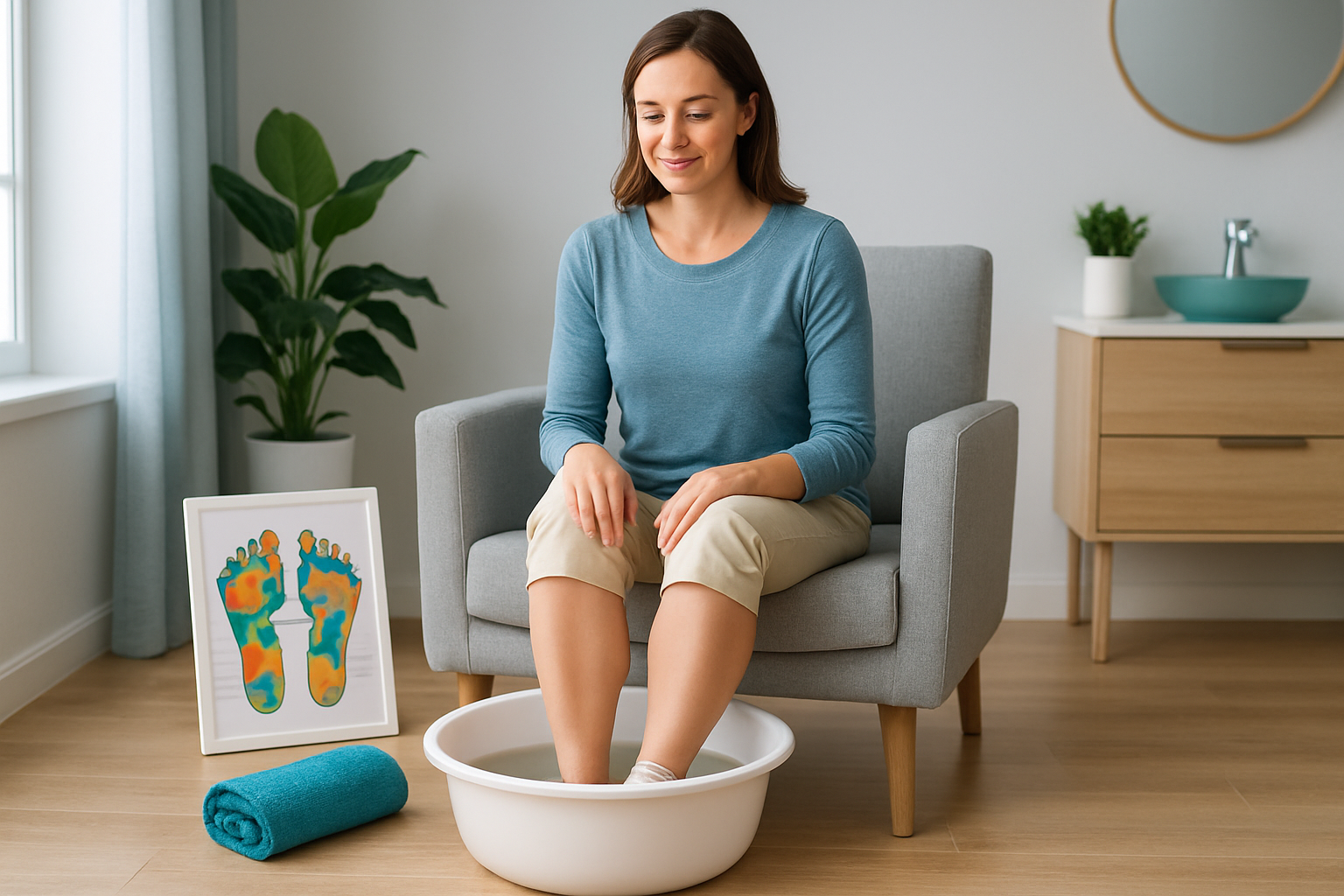 Füße in einem Fußbad mit Kräutern und Salz zur natürlichen Entgiftung