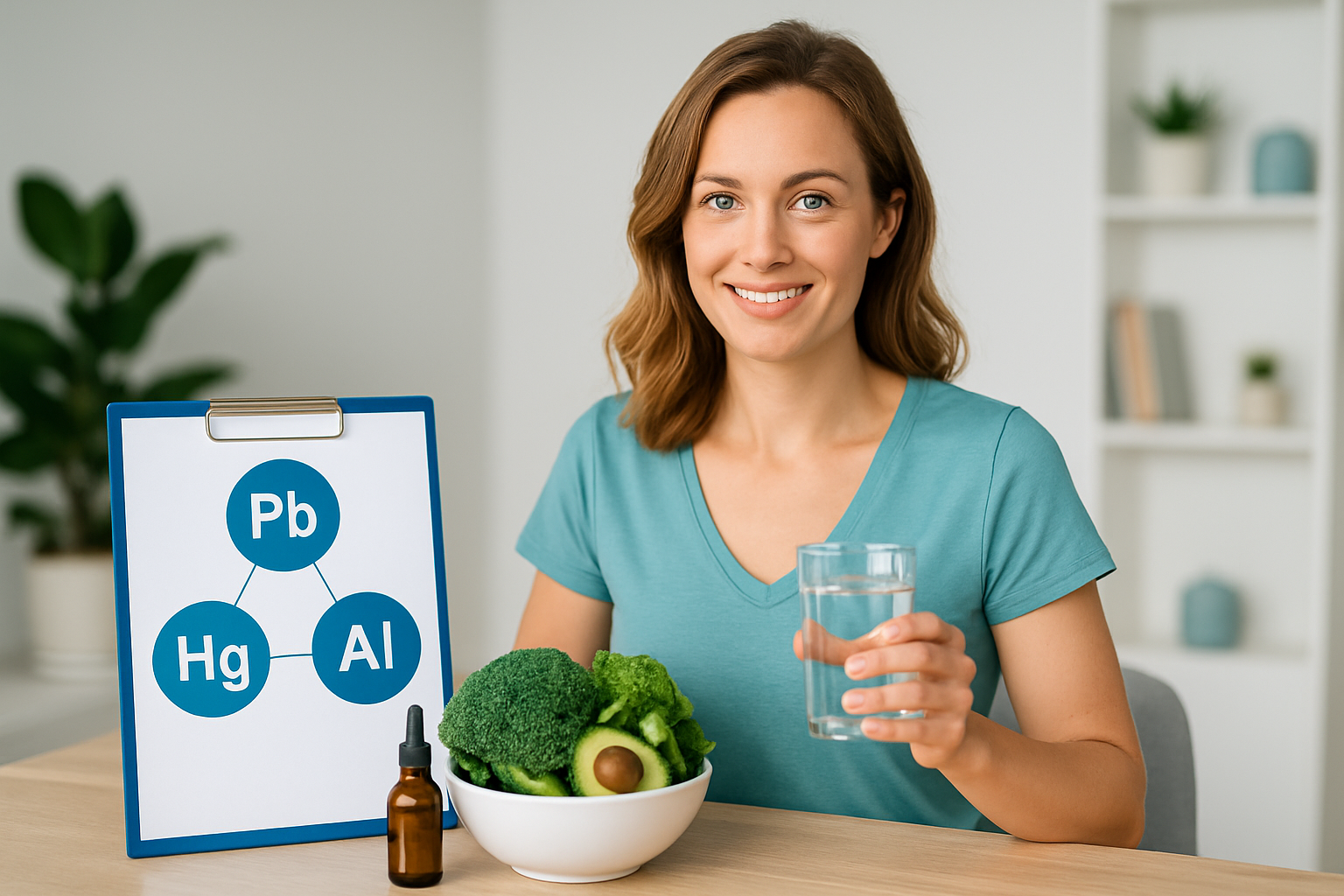 Natürliche Lebensmittel zur Schwermetallausleitung wie Chlorella, Koriander und Bärlauch auf Holztisch