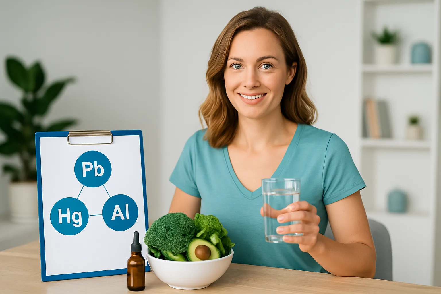 Natürliche Lebensmittel zur Schwermetallausleitung wie Chlorella, Koriander und Bärlauch auf Holztisch